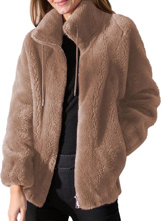 Generic Womens Fleece Jacket Ladies Lightweight Warm Full Zip Coat Bed Jacket with Pockets Causal Solid Color Long Sleeve Elegant Callor Lapel Cardigans Teddy