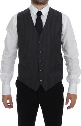 Dolce & Gabbana Gray Striped Wool Single Breasted Mens Vest