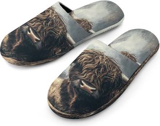 Generic Highland Cow Vintage Painting Mens Cotton Slippers Memory Foam Comfort House Shoes Winter Indoor Slipper for Hotel Casa Spa