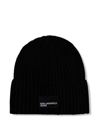 Karl Lagerfeld ribbed logo-patch beanie hat set - Zwart