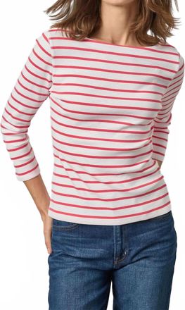 Lilla P Rib Quarter Sleeve Boatneck Tee In Geranium Stripe