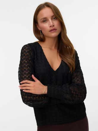 Vero Moda Langarmshirt VERO MODA VMBECCA LS V-NECK LACE TOP JRS NOOS, Damen, Gr. S, schwarz, Jersey, Obermaterial: 100% Polyester, unifarben, normal, V-Ausschni