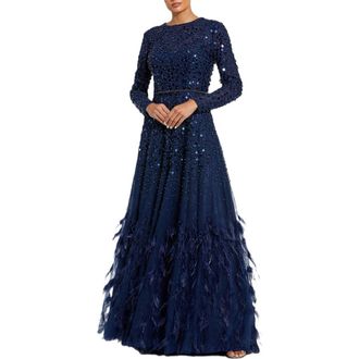 Mac Duggal Disc Embellished Sequin Gown with Feather Detail in Midnight at Nordstrom, Size 14