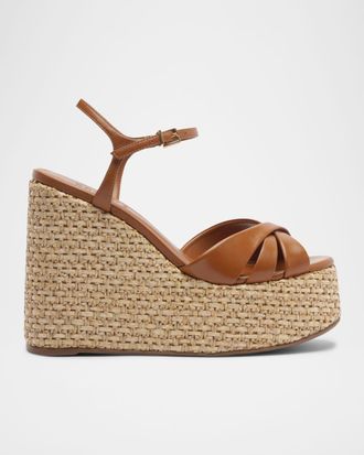 Schutz Keefa 120MM Leather-Raffia Wedge Sandals