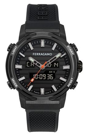 Ferragamo Sport Anadigit Silicon Strap Watch, 43mm in Gunmetal/Black at Nordstrom