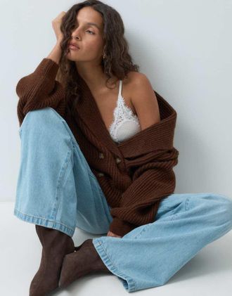 Asos cardigan lavorato a maglia con collo sciallato marrone cioccolato-Grigio