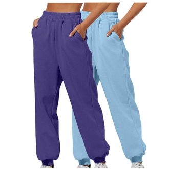 Generic 2 Pack Sweatpants for Women UK Casual Comfy Jogger Bottoms Wide Leg Elasticated High Waist Tracksuit Bottoms with Pockets Ladies Classic Yoga Gym Spor