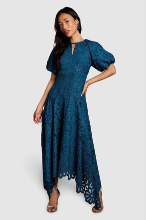 Coast Lace Hanky Hem Puff Sleeve Dress in Teal at Nordstrom, Size 10