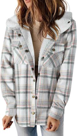 Generic Womens Fleece Jackets Long Sleeve Button Down Coat Thicken Plaid Print Hooded Jacket Shacket Plush Checked Hoodies Sherpa Lined Winter Coats Warm Zip 