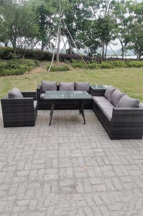 Fimous 7 Seater Rattan Corner Sofa Lounge Sofa Set With Dining Table & Side Table in Dark Grey