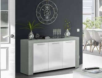 Dmora Dmora - Aparador Dalbier, Aparador Moderno Con 3 Puertas, Bufet De Sal&oacute;n, Gabinete De Tv, Aparador Para Sal&oacute;n, 144x42h80 Cm, Hormig&oacute;n Y Blanco