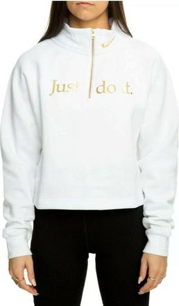 Nike Shine Quarter Zip Crop Pullover Funnel Neck Sweatshirt In White