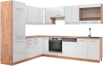 Vicco Cocina Esquinera Fame-line, Blanco Brillo Intenso/roble Dorado, 227 X 287 Cm, Et Roble