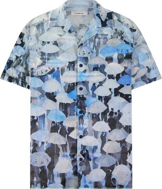 Flaneur Blauwe Viscose Paraplu Shirt - Heren - Korte mouwen Overhemden - Blauw - S - Polyester - Overhemden