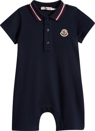 Moncler Stretch Cotton Piqu&eacute; Polo Romper in Navy Blue at Nordstrom, Size 18-24M