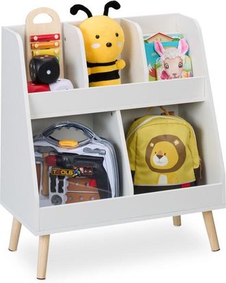 Relaxdays Childrens Bookshelf, HxWxD: 66 x 60 x 30 cm, 5 Compartments, mdf, Wooden Legs, Kids Bookcase, White/Natural - Relaxdays