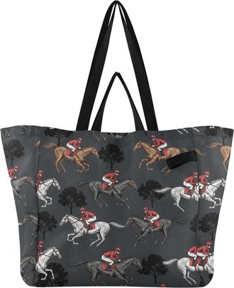 Generic Horse Player Gray pattern Reusable Canvas Tote Bag, Heavy Duty Grocery Shopping Bag with Double Handles Large Capacity Hard Bottom Work Groceries Trav