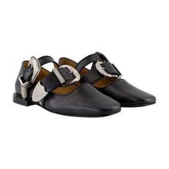 Toga Archives Womens Embellished Buckle Leather Ballerina Black Calfskin
