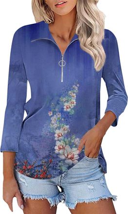 Generic Polo Shirts for Women UK 3/4 Sleeve Tops Zip Up Collared Floral Printed Dressy Casual Elegant Work Blouse Three Quarter Sleeve Petite Tops Ladies Athl