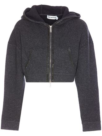 Self Portrait knitted cropped hoodie - women - Polyester/Cashmere/Polyamide/Wool/Elastane - L - Grey