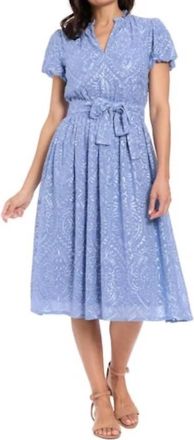 London Times Ruffle Neck Bubble Sleeve Eyelet Midi Dress In English Manor Blue