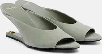Balmain Suede cutout wedge mules