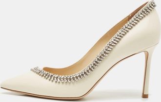 Jimmy Choo London Cream Leather Crystal Embellished Romy Pointed Toe Pumps