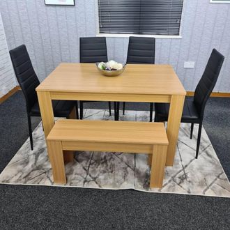 Kosy Koala 6 Seater Light Wood Effect Dining Table Set 4 Chairs Bench Metal Legs in Brown