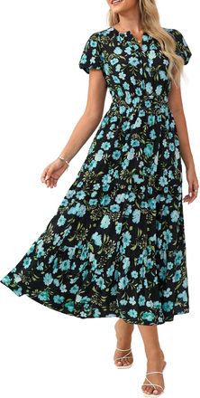 Grace Karin Women Elegant Maxi Summer Dress Short Sleeve V Neck Floral Dress A Linie Wedding Dresses Black Blue S