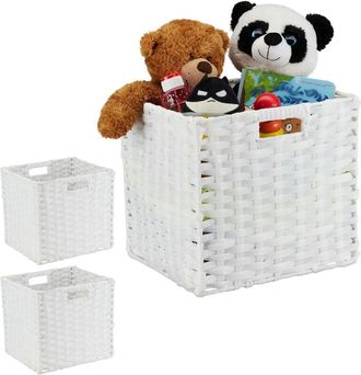 Relaxdays Relaxdays 3x Folding Storage Basket, Square PP Bathroom Organiser Box, Wicker-Look Shelf Bin, 31x32x30 cm, white