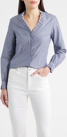 Anne Klein Ruffle Detail Stripe Cotton Button-Up Shirt in Distant Mntn Multi at Nordstrom, Size Xx-Small