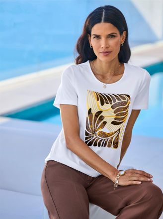 Heine T-Shirt HEINE Shirt, Damen, Gr. 34, ecru, 95% Viskose, 5% Elasthan, bedruckt, gebl&uuml;mt, gemustert, mehrfarbig, Rundhals, Shirts T-Shirt