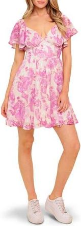 Flying Tomato Flutter Sleeve Print Midi Dress in Ivory Pink at Nordstrom Rack, Size Medium