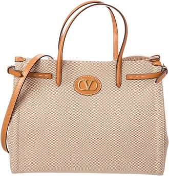 Valentino VLogo Medium Canvas & Leather Tote