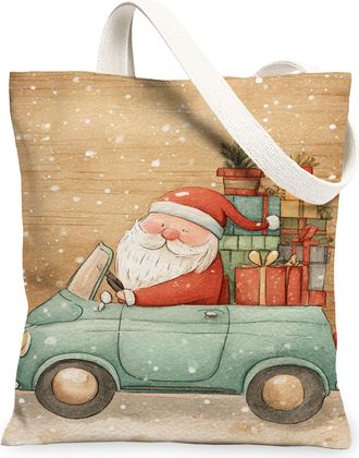 Generic Santa Claus Canvas Tote Bags, Holiday Illustration Reusable Grocery Bags, Winter Vintage Lightweight Washable Shoulder Strap Canvas for Travel Picnic 