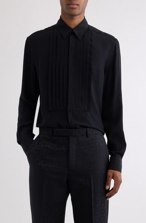 Givenchy Boxy Fit Pleated Plastron Silk Button-Up Shirt in Black at Nordstrom, Size 42
