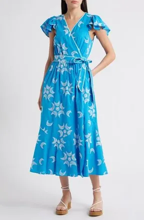 Ciebon Evelyn Embroidered Side Tie Cotton Wrap Dress in Blue/White at Nordstrom Rack, Size X-Large