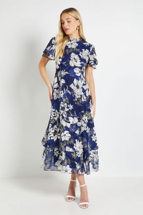 Wallis Womens Petite Floral Burn Out Ruffle Midi Dress - Navy - Size 18 UK