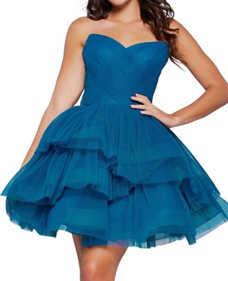 Jovani Tulle Short Strapless A-Line Dress In Peacock