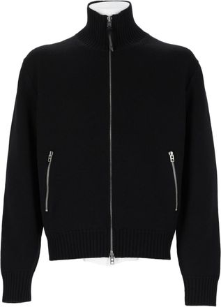 Tom Ford Black Zip-Up Sweater With Ribbed Collar And Leather Patches