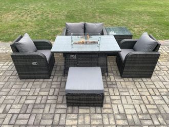 Fimous Rattan Outdoor Garden Furniture Set Gas Fire Pit Dining Table with Side Table Chair Loveseat Sofa Footstool in Dark Grey