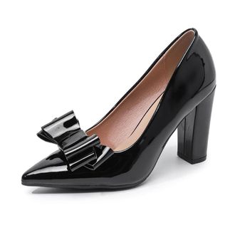Generic Womens Soild Color Pointed Toe Pumps with Bowknot Decor High Block Heels Dress Shoes for Office Party and Evening (Black,5.5)