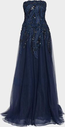 Teri Jon Floral-Embellished Tulle Strapless Gown