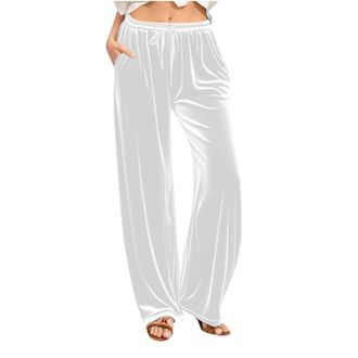 Generic Velvet Trousers Womens Elasticated Waist Trousers Solid Color Casual Loose Long Pants Ladies Palazzo Wide Leg Bottoms Soft Comfy Stretch Office Leisur