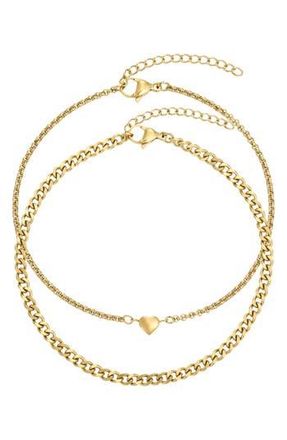 Adornia Set of 2 Tarnish Resistant 18K Gold Plated Heart & Curb Chain Anklets at Nordstrom Rack