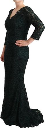 Dolce & Gabbana Lange kanten jurk met V-hals - Dames - Avondkleed - Groen - L - Katoen - Kleedjes