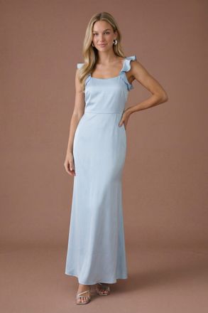 Oasis Womens Light Blue Ruffle Square Neck Satin Bridesmaid Maxi Dress - Size 12 UK