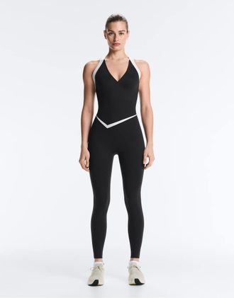Oysho Perfect-adapt - Tuta jumpsuit senza maniche nera a contrasto-Nero