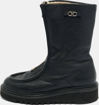 Ferragamo Black Leather Eurialo Mid Calf Boots