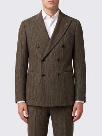 Tagliatore Blazer doppiopetto in misto lana e lino con motivo chevron marrone